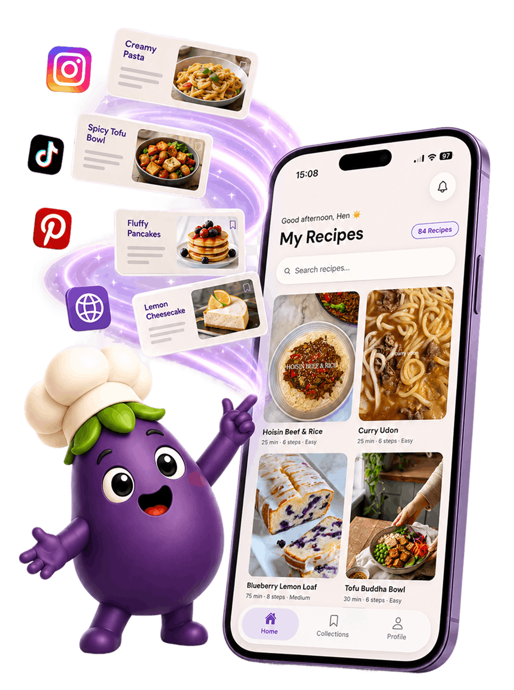 Aubergine Chef mascot with Recipal app